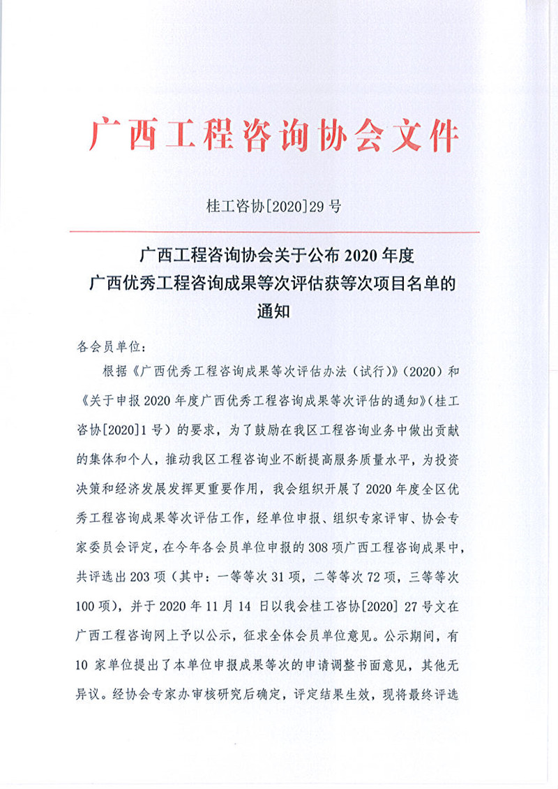 喜報！廣西工程咨詢集團有限公司6項成果榮獲廣西優(yōu)秀工程咨詢成果獎